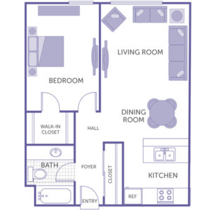 1 bed 1 bath floor plan, kitchen, dining room, living room, 1 walk-in closet, 1 additional closet